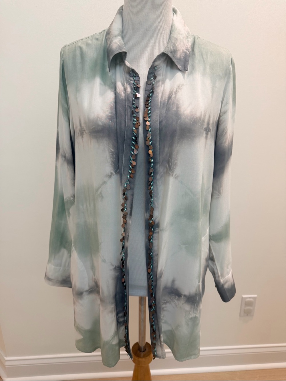 Soft Surroundings Tie Dye Beaded Long Tunic Jacket – Blue Gray – Size L